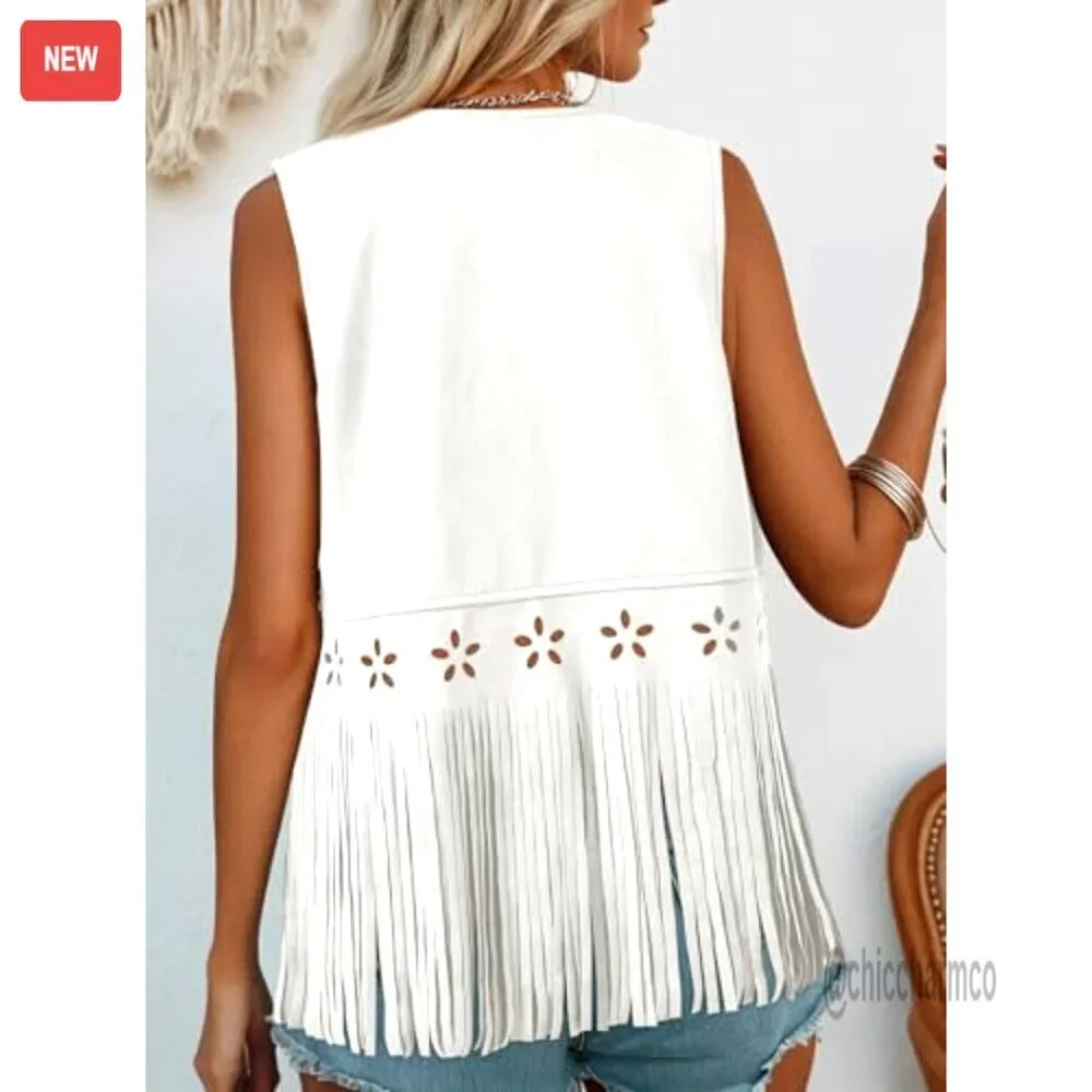 Faux Suede Fringe Vest Sleeveless Hollow Out Tassel Western Outerwear
